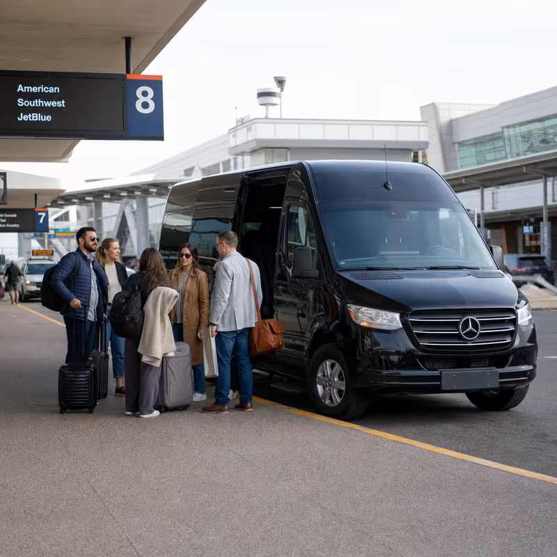 Group boarding a white charter bus for Airport Transportation transportation in Phoenix