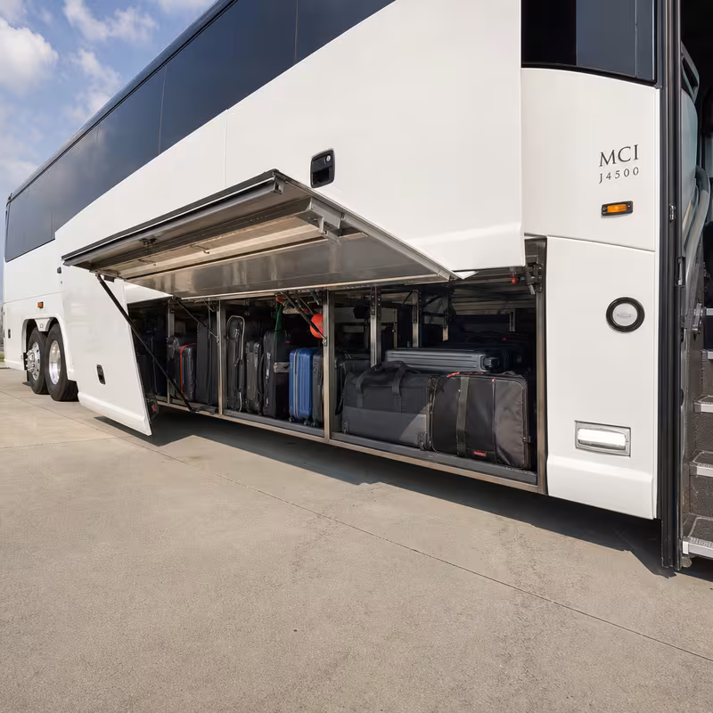 Party bus interior with wraparound leather seating and LED lighting in Phoenix