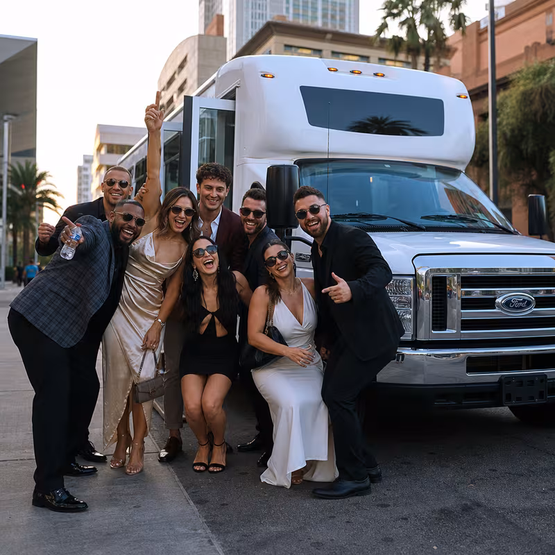 Black Mercedes Sprinter van staged for an Phoenix Bachelor & Bachelorette Transportation group