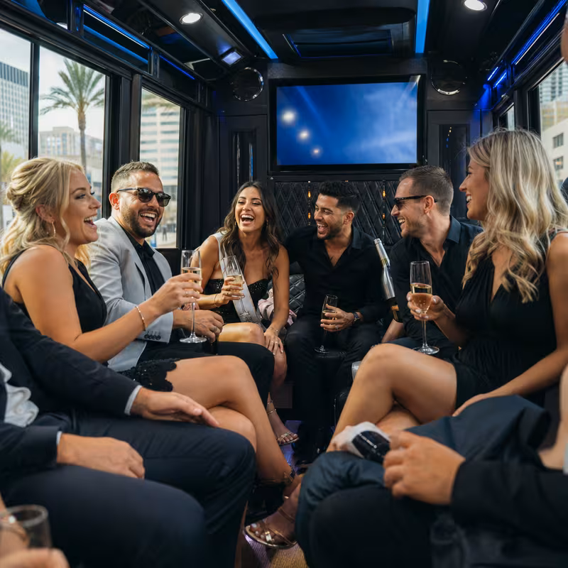 Party bus interior with wraparound leather seating and LED lighting in Phoenix