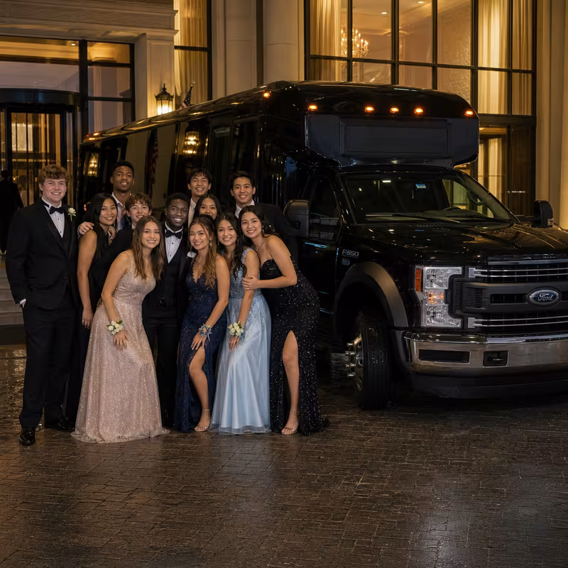 Party bus interior with wraparound leather seating and LED lighting in Phoenix