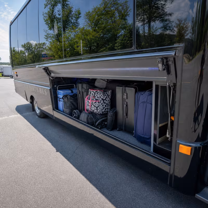 Party bus interior with wraparound leather seating and LED lighting in Phoenix